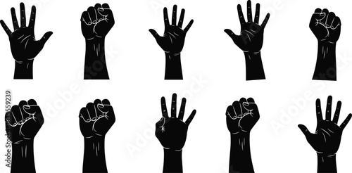 Human Hand Silhouette Collection Set of Open Closed Fist Gestures Flat Vector Illustration Communication Signal Print Sticker CAD Drawing Graphic.