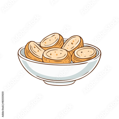 A simple hand drawn illustration of a white bowl filled with sliced baguette or crostini appetizers