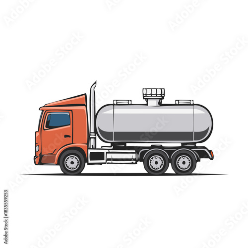 Orange tanker truck illustration with silver cylindrical container and six wheels