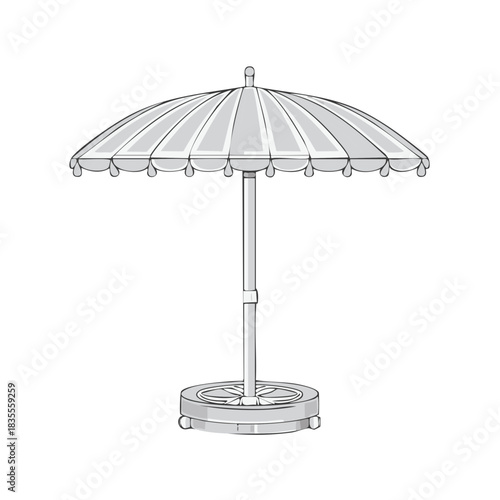 Grayscale vector illustration of a classic outdoor patio umbrella with decorative scalloped edge and base