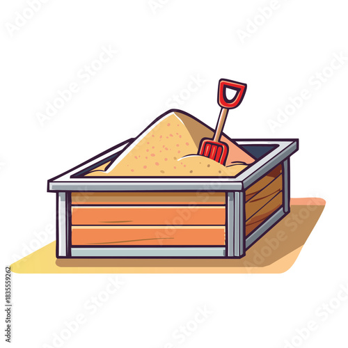 Cartoon sandbox with a red shovel in golden sand and wooden border illustration