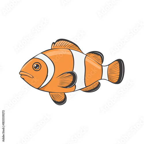 Vibrant Orange Clownfish with White Stripes Swimming Upright Marine Life Illustration