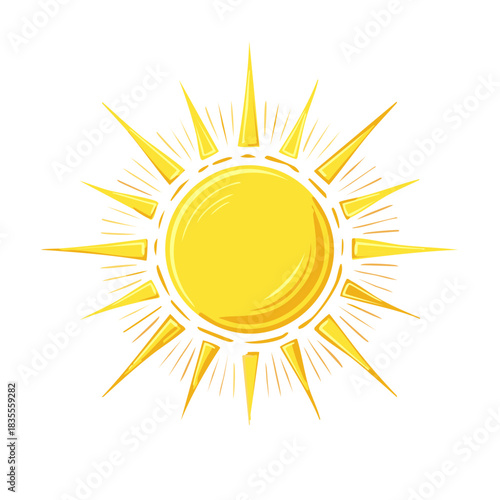 Bright yellow cartoon sun with sharp rays radiating outwards a simple clean illustration