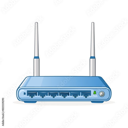 Blue wireless router modem with dual antennas and ethernet ports vector icon illustration