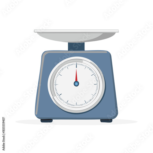 Classic Blue Scale with Tray, Measuring Device for Food and Ingredients, Mechanical Kitchen Scale Object, Zero Reading on a Bright Light Background