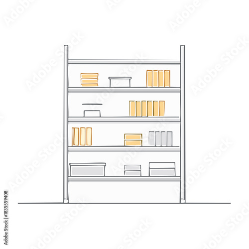 Minimalist line drawing of an organized storage rack with books and boxes