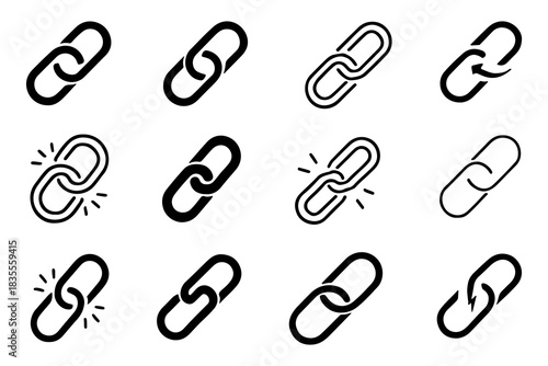 Chain Link Icon Set  Minimalist Black Line Symbols for Connection, Breakage & Strength Concepts