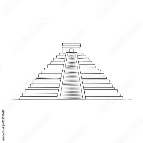 Ancient Pyramid with Steep Staircase Stylized Outline Drawing