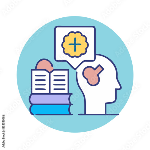 Knowledge and learning icon design, featuring books, head, and a plus symbol
