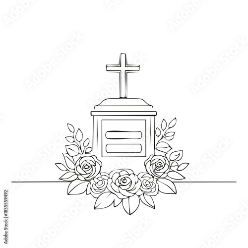Line Art: Grave Marker, Cross, Roses, and Leaves. Simple Remembrance Design