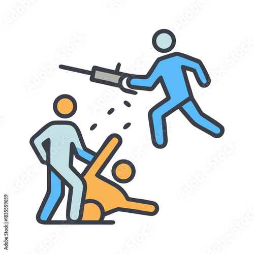 Stylized illustration depicting conflict with a syringe, suggesting violence or medical aggression