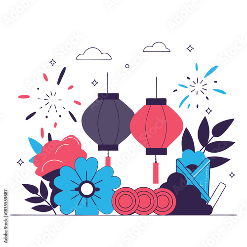 Radiant Asian New Year Vector: Exquisite Lanterns, Flowers, and Fireworks Celebrate the Season of Fortune