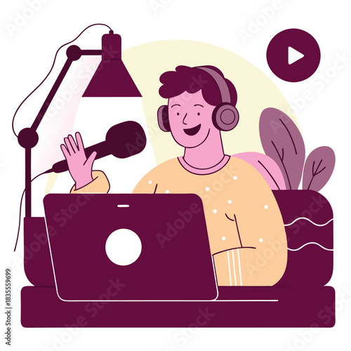 Engaging Podcast Creator Illustration: Studio Recording Session with Laptop, Microphone, Headphones for Media Content Creation