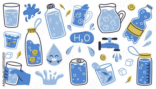 A set of drinking water, glasses, and water bottles. Drink more water.