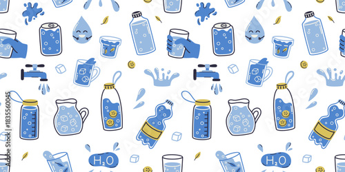 Seamless pattern with drinking water, glasses, and water bottles. Drink more water.