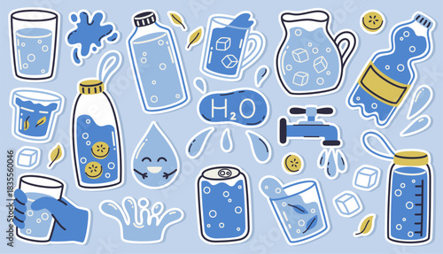A set of stickers for drinking water, glasses, and water bottles. Drink more water.