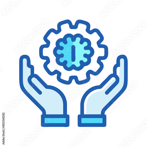 Hands holding gear symbolizing technological support, manufacturing solution, and maintenance service