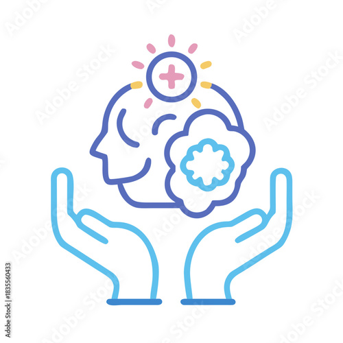 Mental health care and support with hands holding head silhouette icon