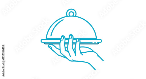 Elegant blue outline illustration of a waiter's hand presenting a covered food serving dish Vector
