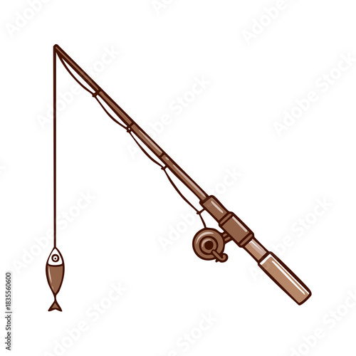 Hand drawn fishing rod with a simple fish dangling on the line isolated on white