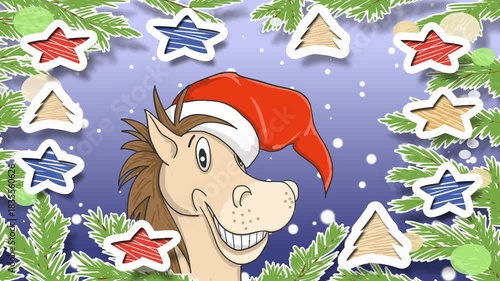Funny horse in the form of Santa Claus in a New Year's frame. The horse is the symbol of 2026!
