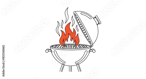 Classic charcoal kettle grill with vibrant red flames ready for a summer barbecue Vector