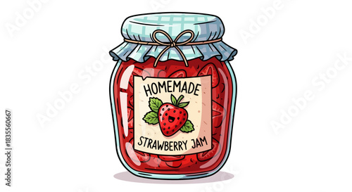 A delightful cartoon illustration of a clear jar filled with homemade strawberry jam Vector