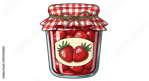 A charming illustration of homemade strawberry jam in a glass jar with a red checkered lid Vector