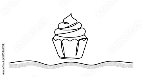 Elegant one line drawing of a delicious cupcake with swirled frosting on a clean background Vector