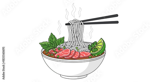 Delicious steaming bowl of traditional vietnamese pho noodle soup with fresh ingredients Vector