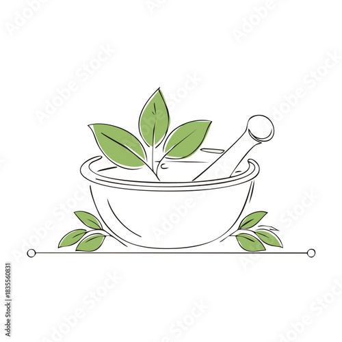 Minimalist illustration of mortar and pestle with fresh green leaves for herbal medicine concepts