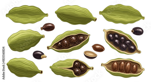 Detailed botanical illustration of green and black cardamom pods with their aromatic seeds Vector