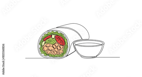 Continuous line art illustration of a savory food wrap and bowl Vector