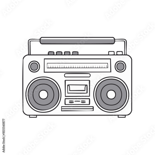 Vintage Boombox Radio Cassette Player Outline Style Design, Old School Portable Stereo Isolated on White