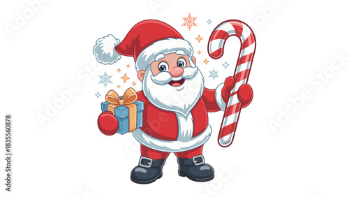 Santa's Christmas Cheer: A jolly Santa Claus, complete with a twinkling beard and rosy cheeks, radiates joy while clutching a gift box and a festive candy cane, embodying the spirit of Christmas.