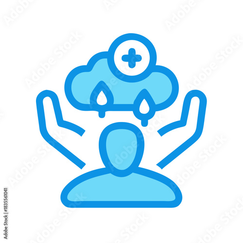 Minimalist icon of a person under a cloud with a plus sign and raindrops