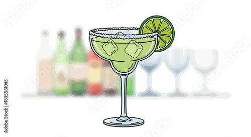 A refreshing green margarita cocktail with a salted rim and lime garnish against a bar background Vector
