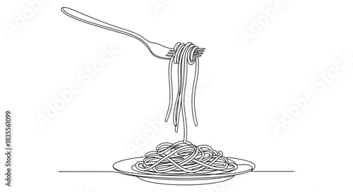 Elegant continuous line drawing of a fork twirling spaghetti ready to be eaten Vector