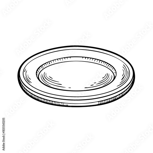 Monochrome plate engraving illustration with rim and slight angle on plain white background