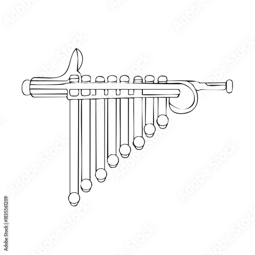 Black and white line art of an abstract wind instrument featuring panpipes and brass details