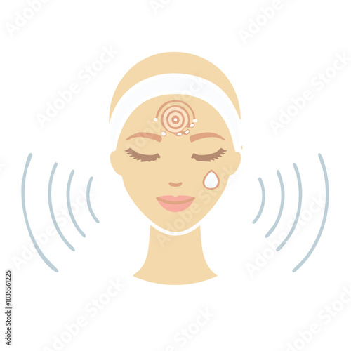 Woman's face with beauty treatment signals, focused on forehead and cheek with cosmetic drop