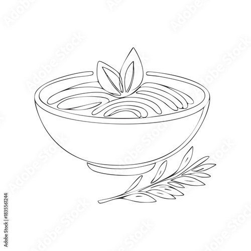 Line art drawing of a bowl of pasta with basil and a sprig of rosemary