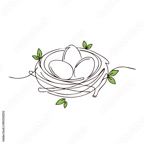 Single Line Drawing of a Bird Nest with Three Eggs and Green Leaves