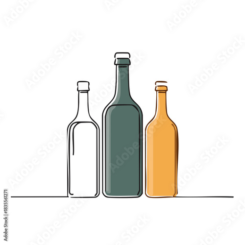 Three stylized bottles of varying heights and colors depicted with simple line art on a white background