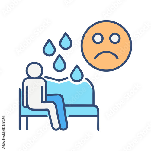 Stylized illustration of sad individual on couch with sad emoji overhead