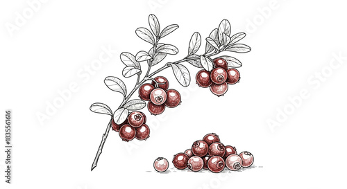 Hand drawn cranberry branch with leaves and a cluster of berries. Vector