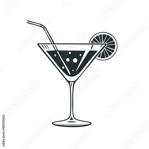Stylized martini cocktail with straw and citrus garnish in a clear glass with bubbles