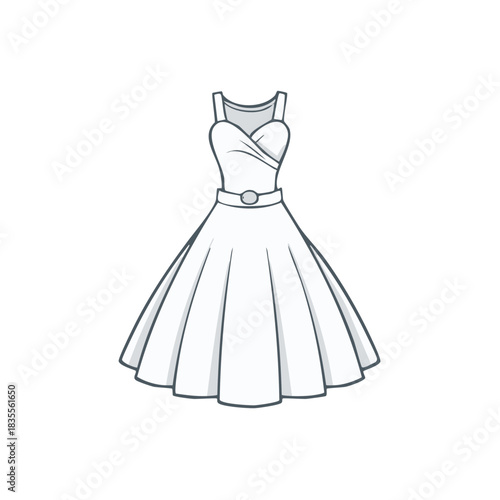 Elegant full skirt dress with cinched waist and sweetheart neckline line art illustration