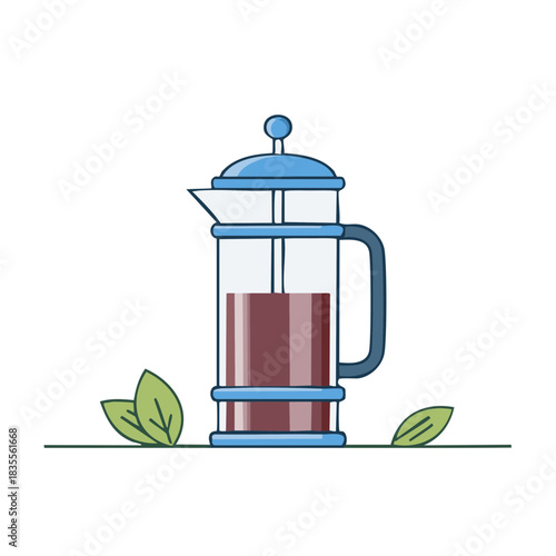 French Press Coffee Maker, Glass Pot with Coffee, and Green Leaves Illustration