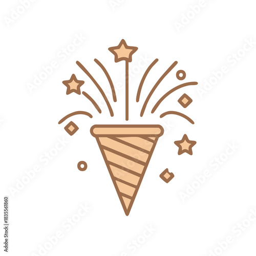 Exploding party popper cone with stars and festive confetti celebration line icon
